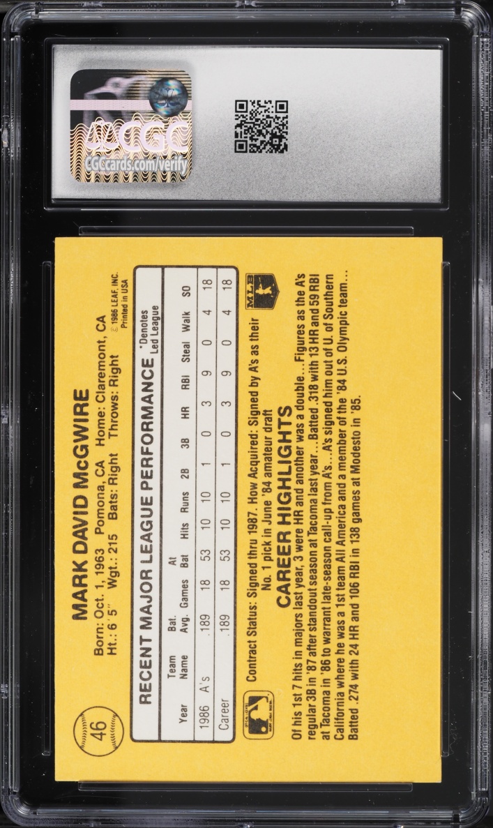1987 Donruss Mark McGwire ROOKIE #46 CGC 8 NM-MT