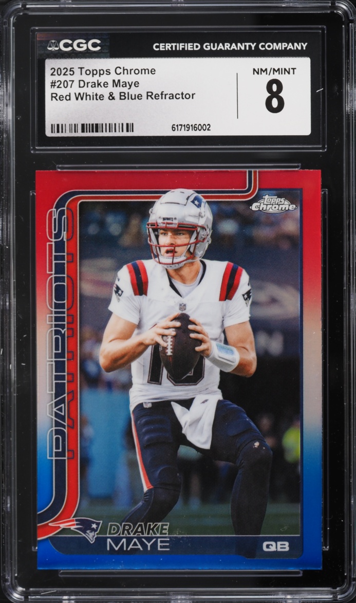2025 Topps Chrome Red White & Blue Refractor Drake Maye #207 CGC 8 NM-MT