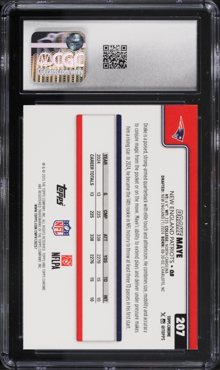 2025 Topps Chrome Red White & Blue Refractor Drake Maye #207 CGC 8 NM-MT