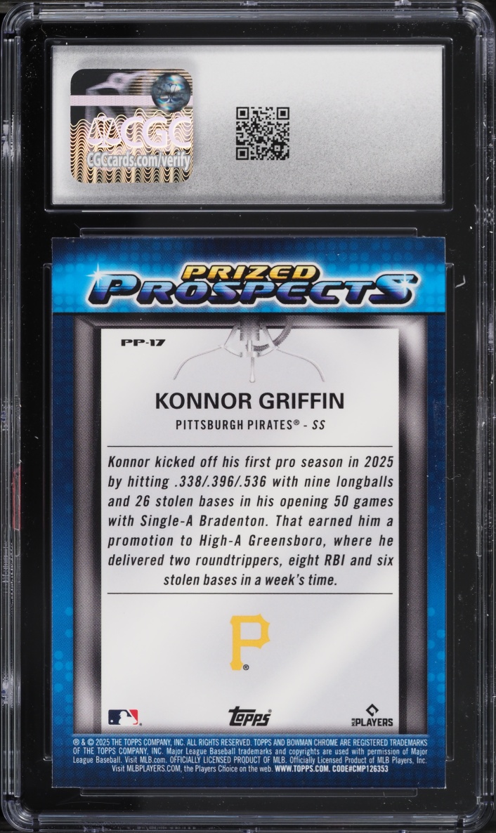 2025 Bowman Chrome Draft Mega Box Prized Konnor Griffin PROSPECT #PP-17 CGC 10 GEM MINT