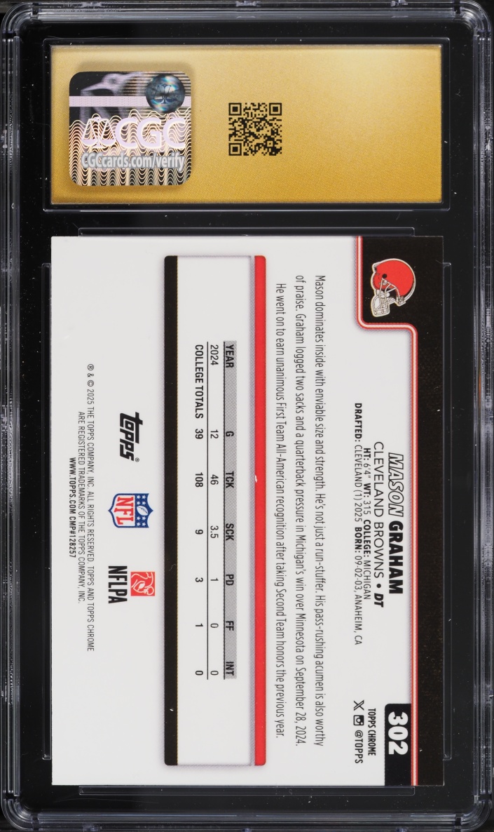 2025 Topps Chrome Red White & Blue Refractor Mason Graham ROOKIE #302 CGC 10 PRISTINE