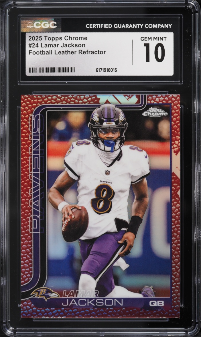 2025 Topps Chrome Leather Refractor Lamar Jackson #24 CGC 10 GEM MINT