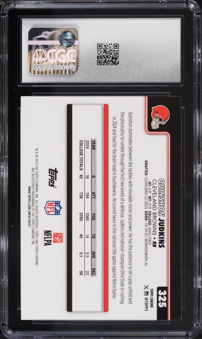 2025 Topps Chrome Red White & Blue Refractor Quinshon Judkins ROOKIE #325 CGC 10 GEM MINT