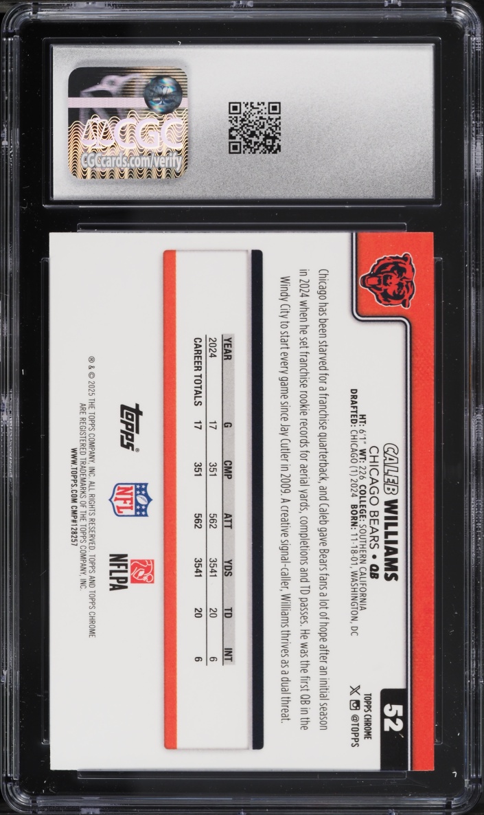 2025 Topps Chrome Pulsar Refractor Caleb Williams #52 CGC 9 MINT