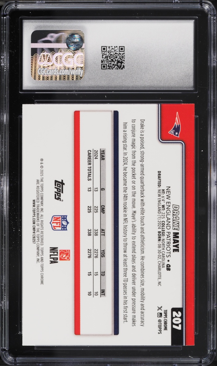 2025 Topps Chrome Pulsar Refractor Drake Maye #207 CGC 8.5 NM-MT+