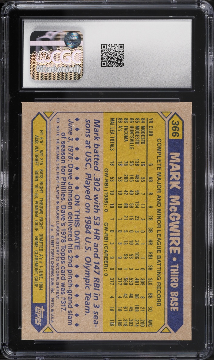 1987 Topps Mark McGwire ROOKIE #366 JSA CGC 9 MINT