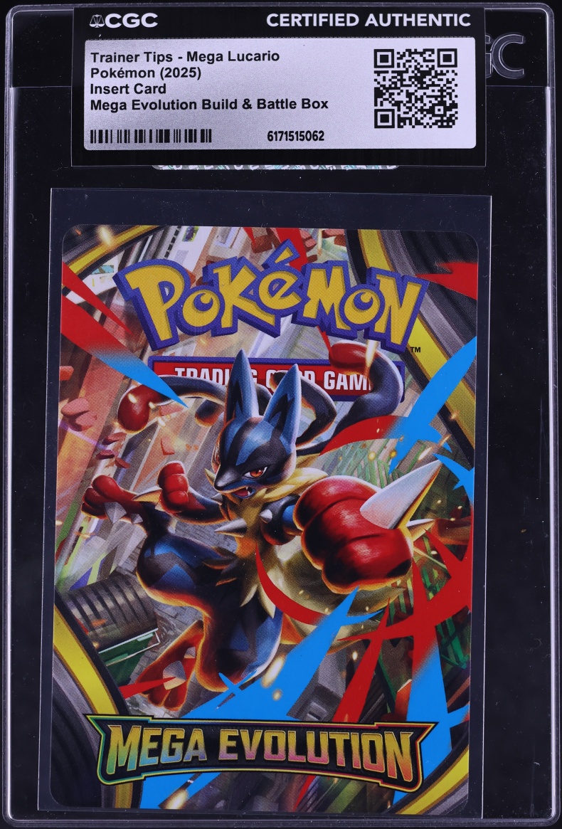 2025 Pokemon Insert Card Mega Evolution Build & Battle Box Trainer Tips Mega Lucario CGC AUTH