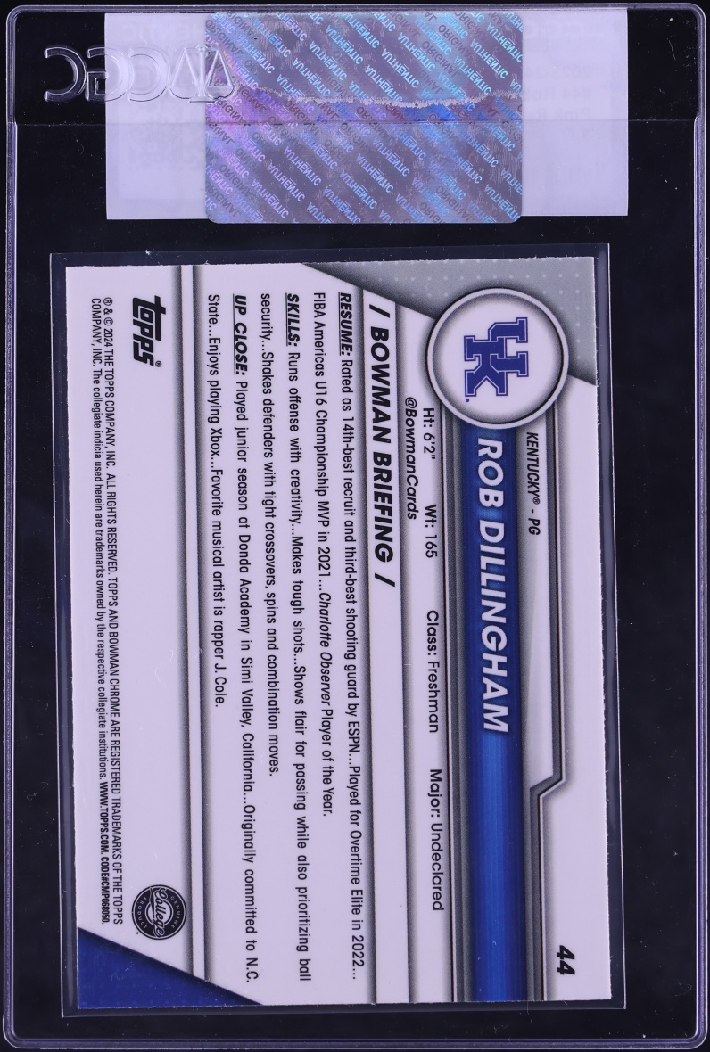 2023 Bowman Chrome University Pink Refractor Rob Dillingham ROOKIE #44 CGC AUTH