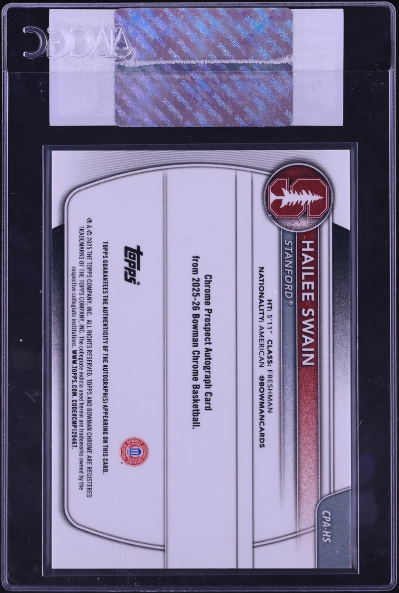 2025 Bowman Chrome U Prospect Speckle Refractor Hailee Swain ROOKIE AUTO /299 #CPA-HS CGC AUTH