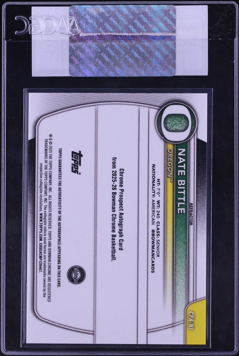 2025 Bowman Chrome U Prospect Refractor Nate Bittle ROOKIE AUTO /499 #CPA-NI CGC AUTH