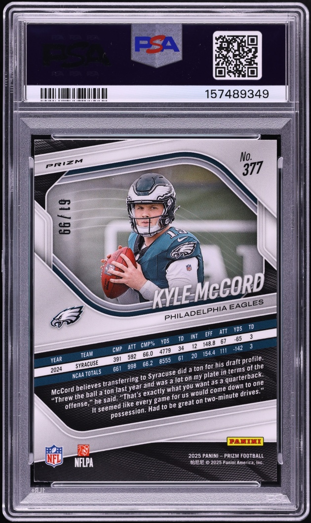 2025 Panini Prizm No Huddle Red Kyle McCord ROOKIE /99 #377 PSA 9 MINT