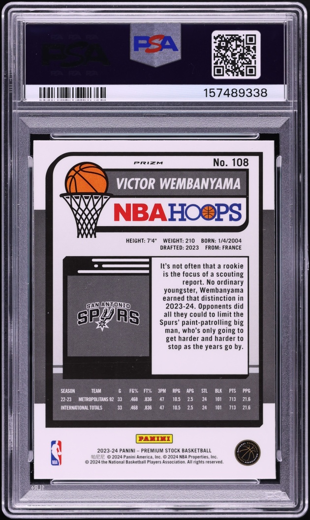 2023 Hoops Premium Stock Ice Prizm Victor Wembanyama ROOKIE #108 PSA 10 GEM MINT