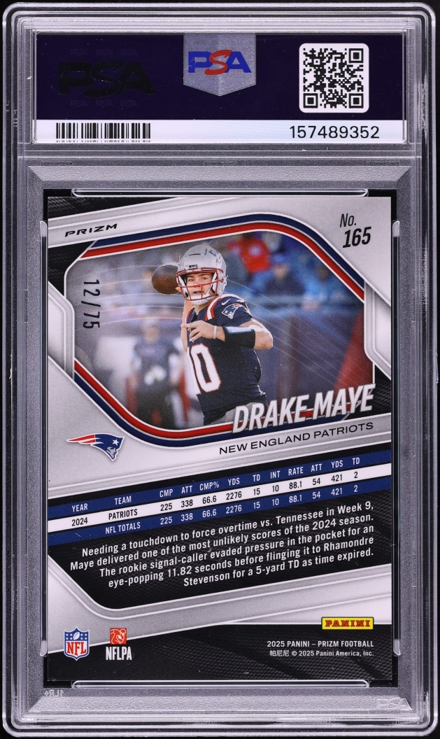 2025 Panini Prizm No Huddle Purple Drake Maye /75 #165 PSA 10 GEM MINT