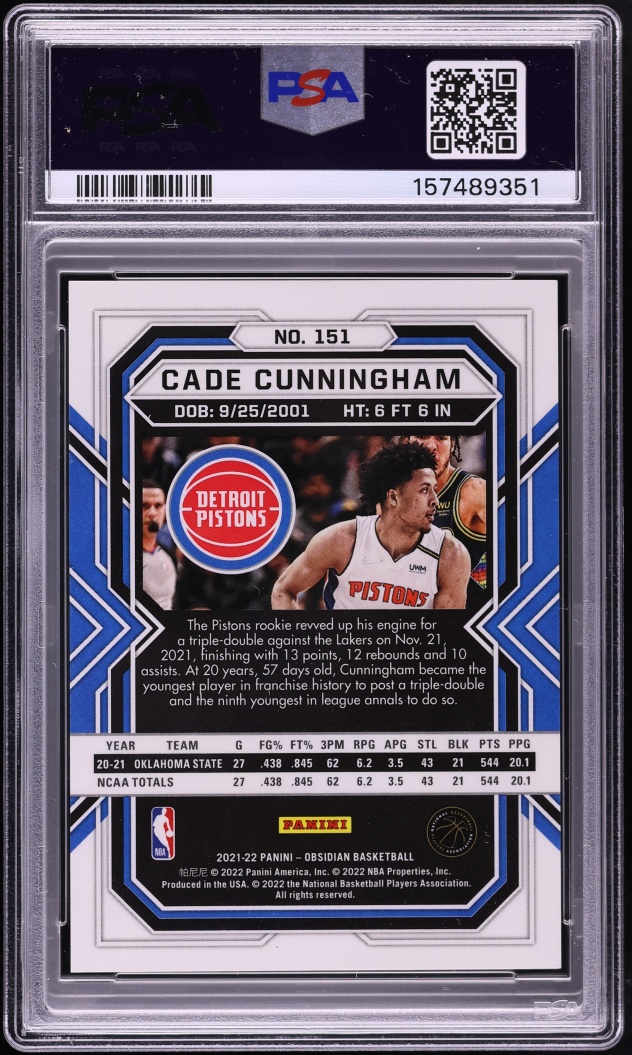 2021 Panini Obsidian Electric Etch Red Flood Cade Cunningham ROOKIE #151 PSA 9 MINT