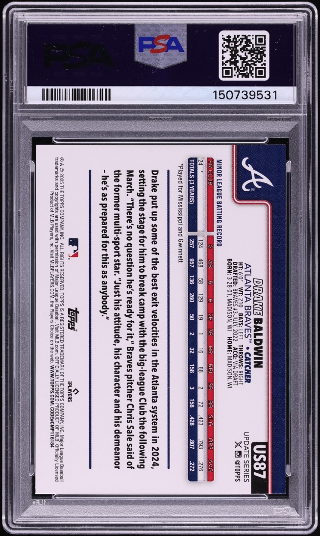 2025 Topps Update Drake Baldwin ROOKIE #87 PSA 10 GEM MINT