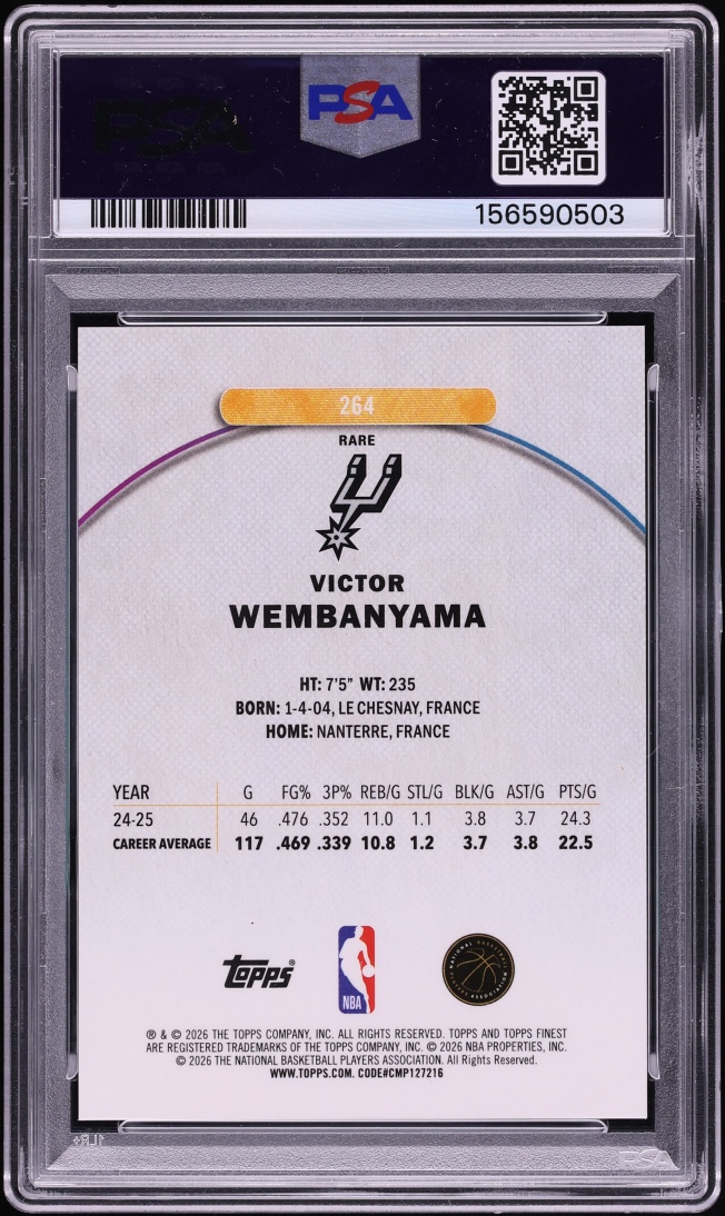 2025 Finest Gold Refractor Victor Wembanyama /20 #264 PSA 8 NM-MT