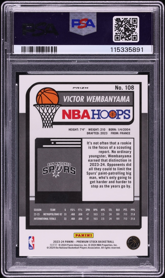 2023 Hoops Premium Stock White Ice Prizm Victor Wembanyama ROOKIE #108 PSA 10 GEM MINT