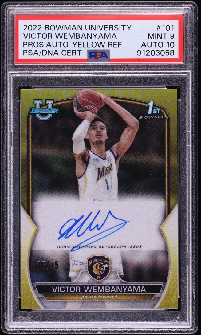 2022 Bowman Chrome U Yellow Refractor Victor Wembanyama ROOKIE AUTO DNA 10 /75 #101 PSA 9 MINT