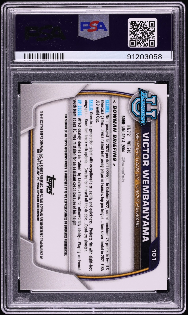 2022 Bowman Chrome U Yellow Refractor Victor Wembanyama ROOKIE AUTO DNA 10 /75 #101 PSA 9 MINT