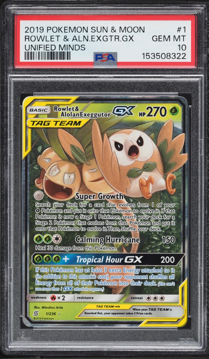 2019 Pokemon Sun & Moon Unified Minds Holo Rowlet & Alolan Exeggutor GX #1 PSA 10 GEM MINT