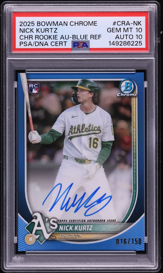 2025 Bowman Chrome Blue Refractor Nick Kurtz ROOKIE AUTO DNA 10 JERSEY # 16/150 #CRA-NK PSA 10