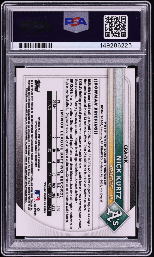 2025 Bowman Chrome Blue Refractor Nick Kurtz ROOKIE AUTO DNA 10 JERSEY # 16/150 #CRA-NK PSA 10