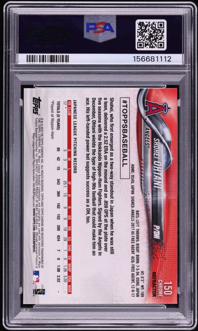 2018 Topps Chrome Refractor Pitching Shohei Ohtani ROOKIE #150 PSA 10 GEM MINT