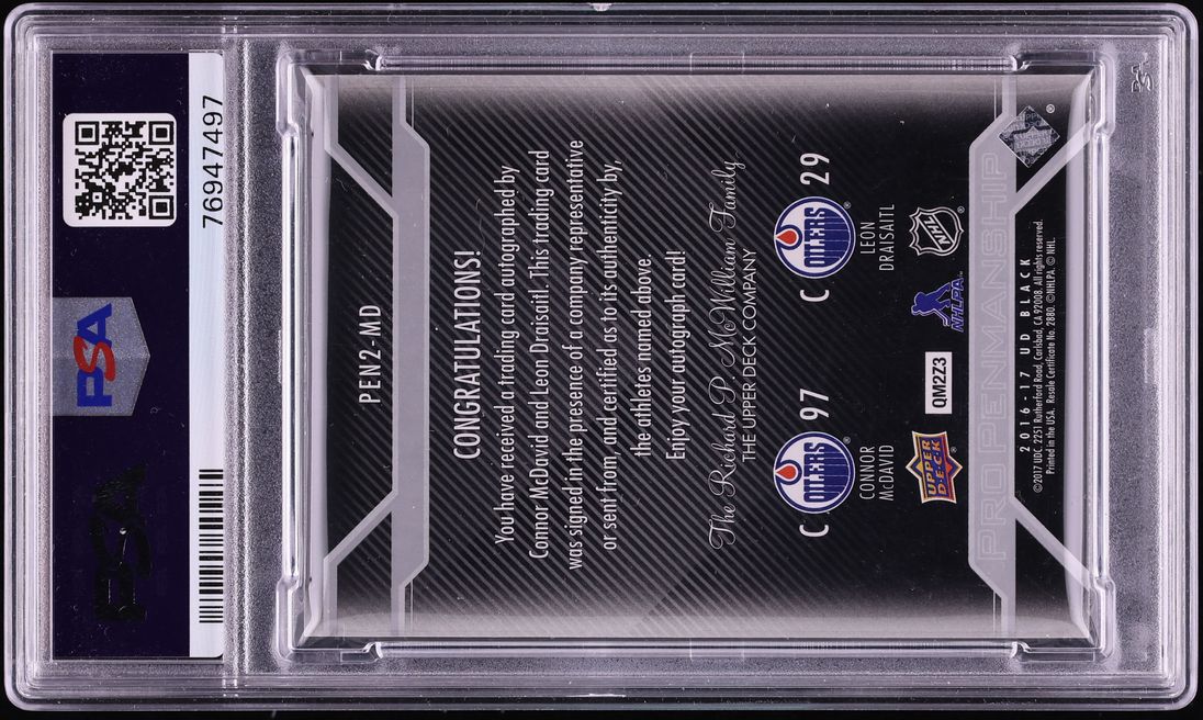 2016 Upper Deck Black Pro Penmanship Combo Special C. McDavid l. Draisaitl AUTO /10 #MD PSA 8