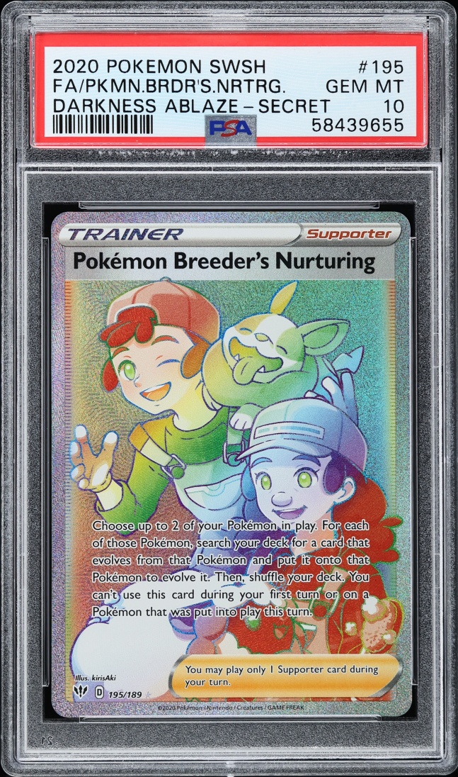 2020 Pokemon Sword & Shield Darkness Ablaze Raonbow Rare Breeder's Nurturing #195 PSA 10 GEM