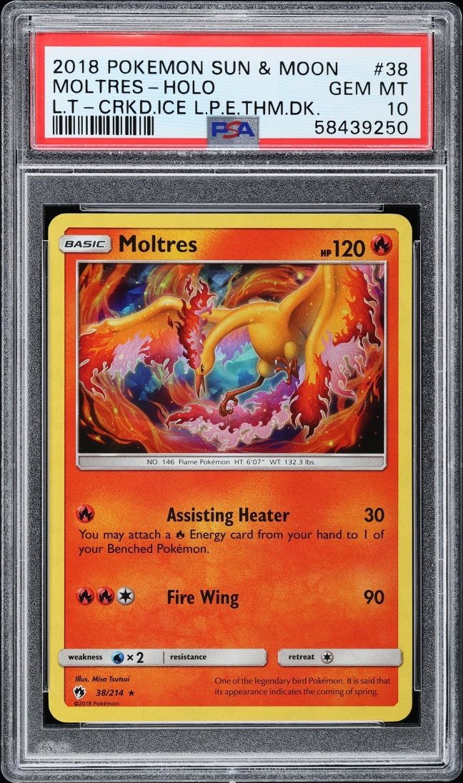 2018 Pokemon Sun & Moon Lost Thunder Cracked Ice Holo Moltres #38 PSA 10 GEM MINT