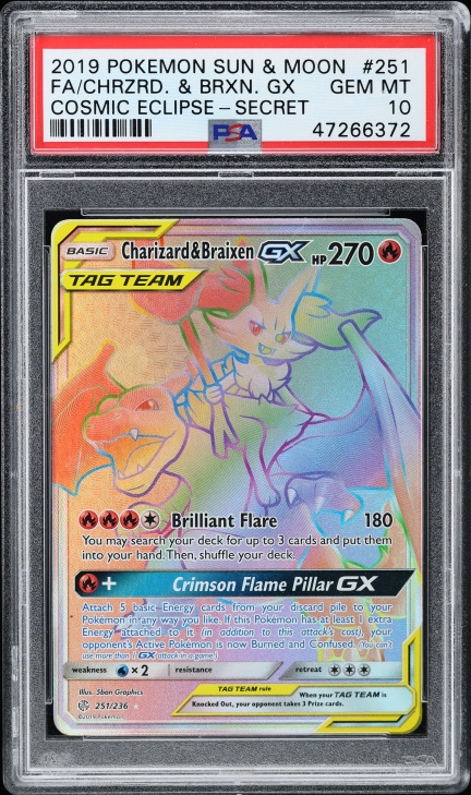 2019 Pokemon Sun & Moon Cosmic Eclipse Rainbow Rare Charizard & Braixen GX #251 PSA 10 GEM MINT