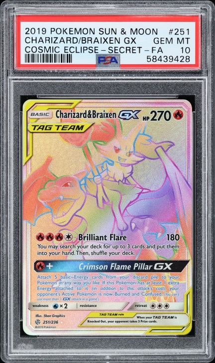 2019 Pokemon Sun & Moon Cosmic Eclipse Rainbow Rare Charizard & Braixen GX #251 PSA 10 GEM MINT