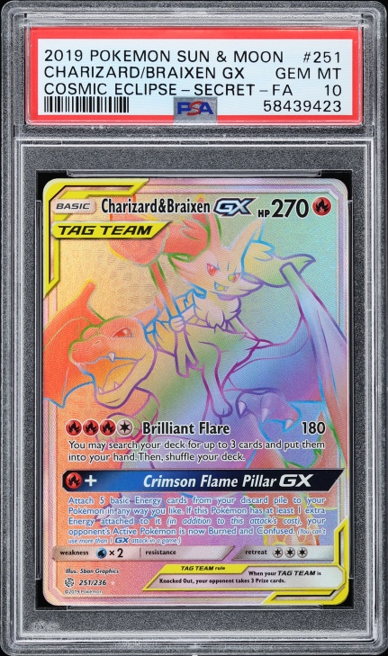 2019 Pokemon Sun & Moon Cosmic Eclipse Rainbow Rare Charizard & Braixen GX #251 PSA 10 GEM MINT