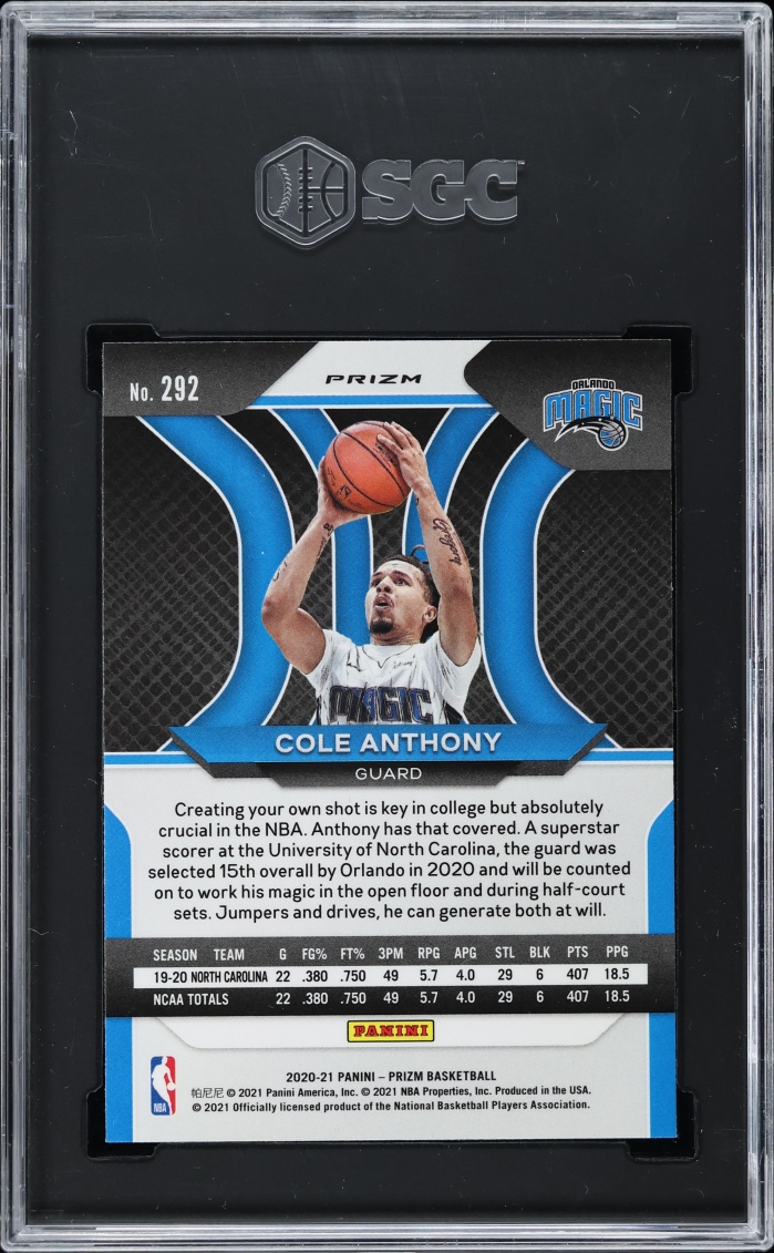 2020 Panini Prizm Silver Prizms Cole Anthony ROOKIE #292 SGC 10 GEM MINT