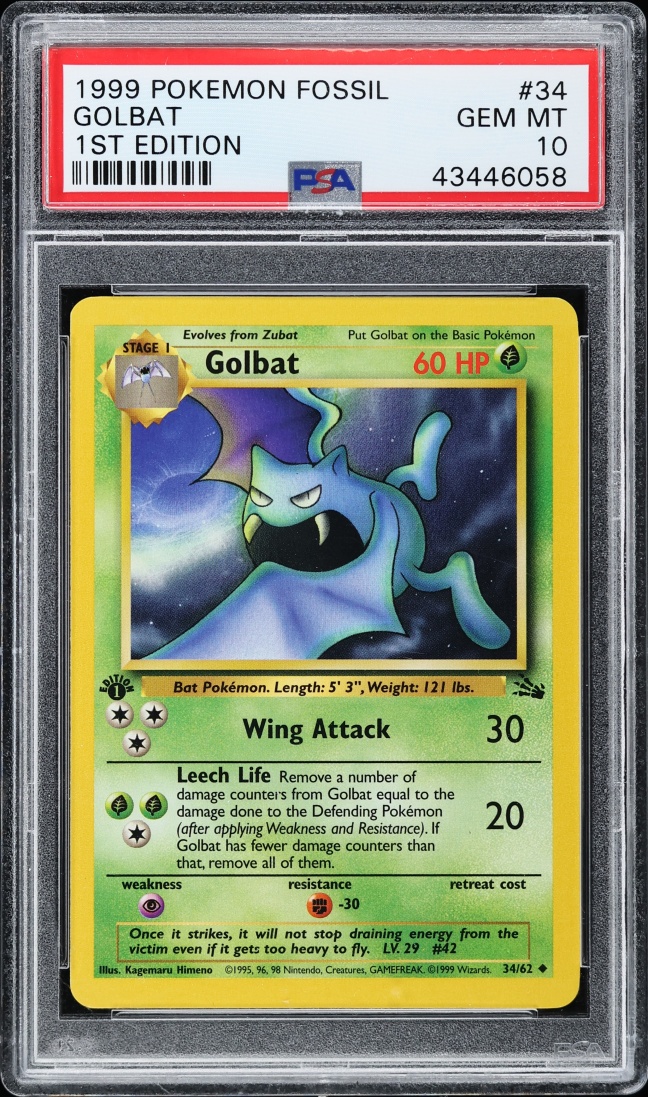 1999 Pokemon Fossil 1st Edition Golbat #34 PSA 10 GEM MINT