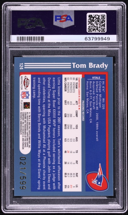 2003 Topps Chrome Black Refractor Tom Brady /599 #124 PSA 10 GEM MINT