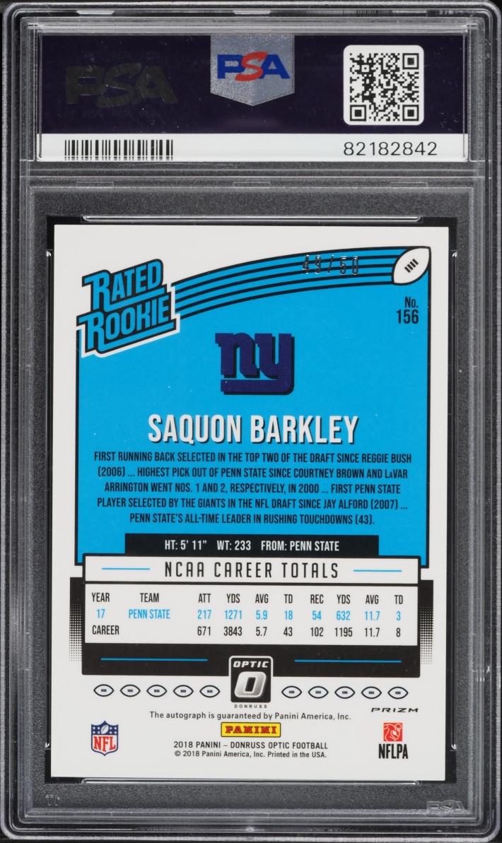 2018 Donruss Optic Red Saquon Barkley ROOKIE AUTO /50 #156 PSA 9 MINT
