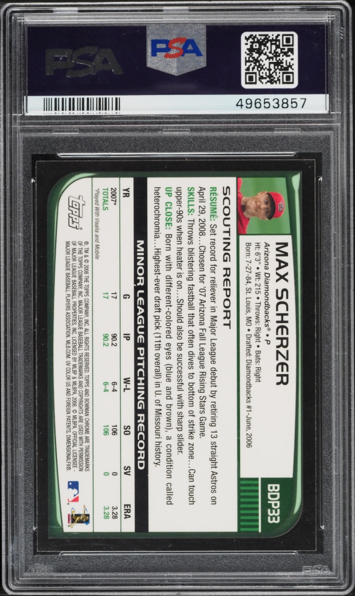 2008 Bowman Chrome Draft Max Scherzer ROOKIE #BDP33 PSA 9 MINT