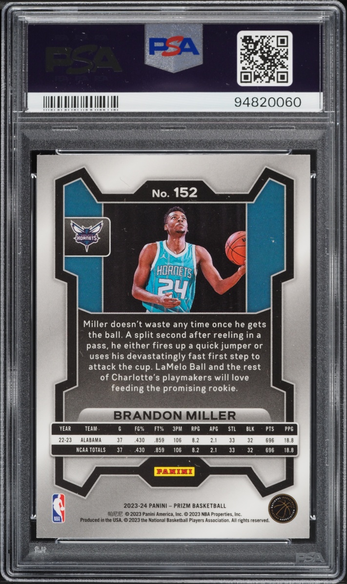 2023 Panini Prizm Brandon Miller ROOKIE #152 PSA 10 GEM MINT
