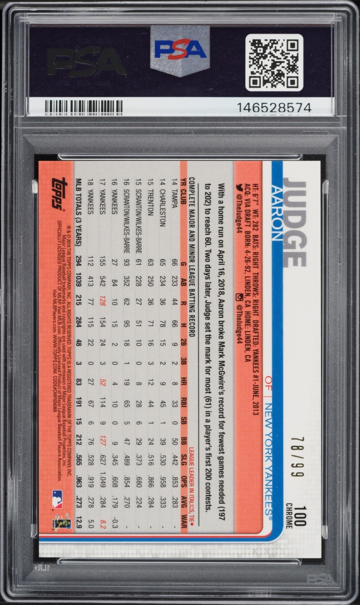 2019 Topps Chrome Batting Green Refractor Aaron Judge /99 #100 PSA 9 MINT