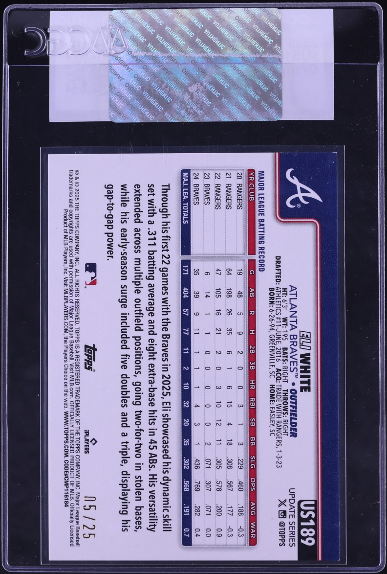 2025 Topps Update Orange Rainbow Foil Eli White /25 #US189 CGC AUTH