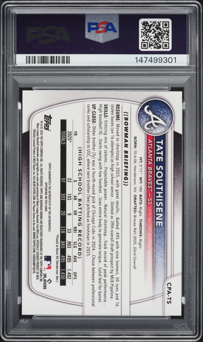 2025 Bowman Chrome Draft Tate Southisene PROSPECT AUTO #CPA-TS PSA 10 GEM MINT
