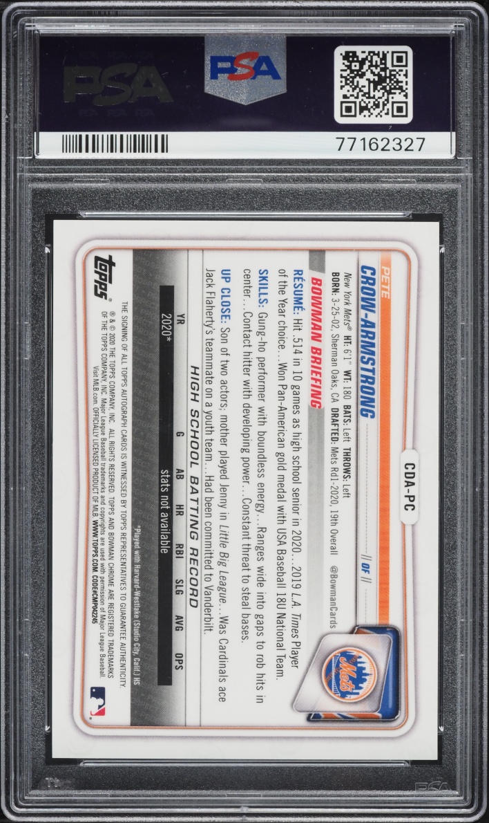 2020 Bowman Chrome Purple Refractor Pete Crow-Armstrong PROSPECT AUTO /250 #CDA-PC PSA 10