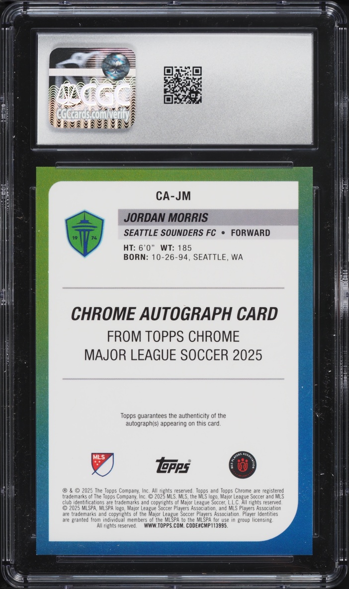2025 Topps Chrome MLS Orange Refractor Jordan Morris AUTO /25 #CA-JM CGC 10 GEM MINT