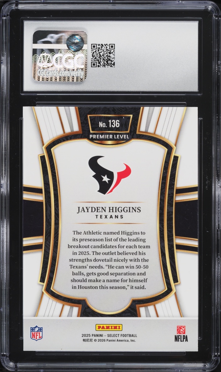 2025 Select Premier Level Jayden Higgins ROOKIE #136 CGC 8.5 NM-MT+