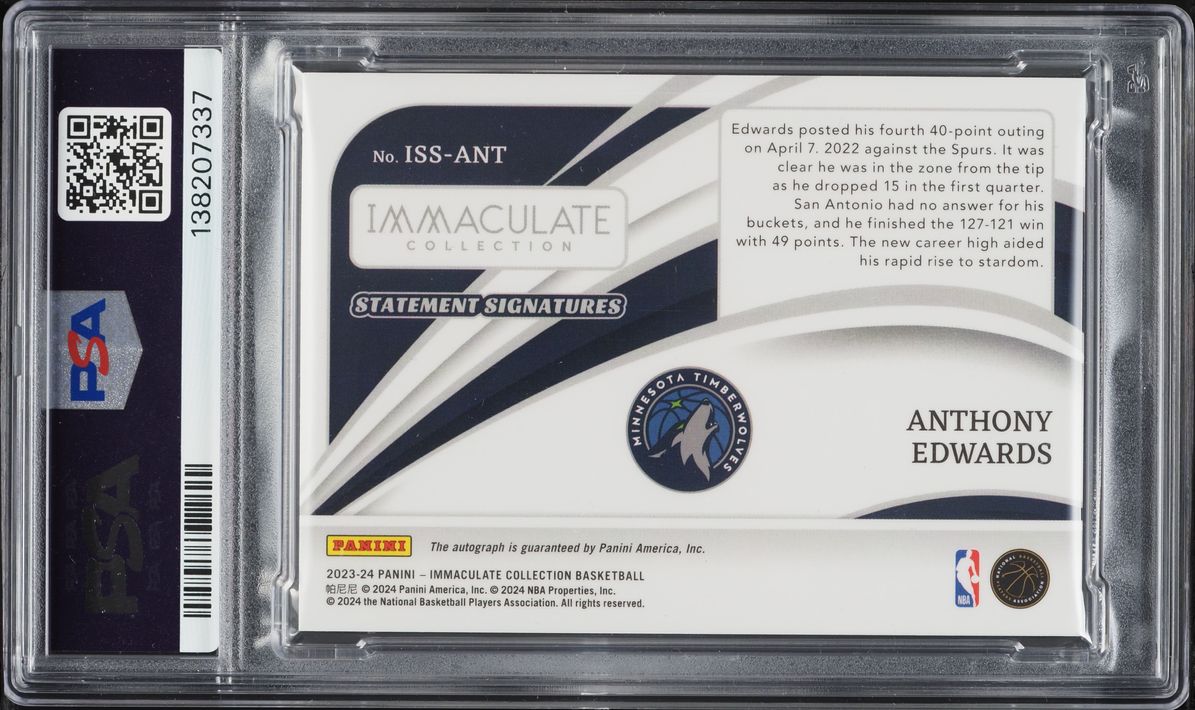 2023 Panini Immaculate Collection Statement Signatures Anthony Edwards AUTO /49 #ISSANT PSA 9