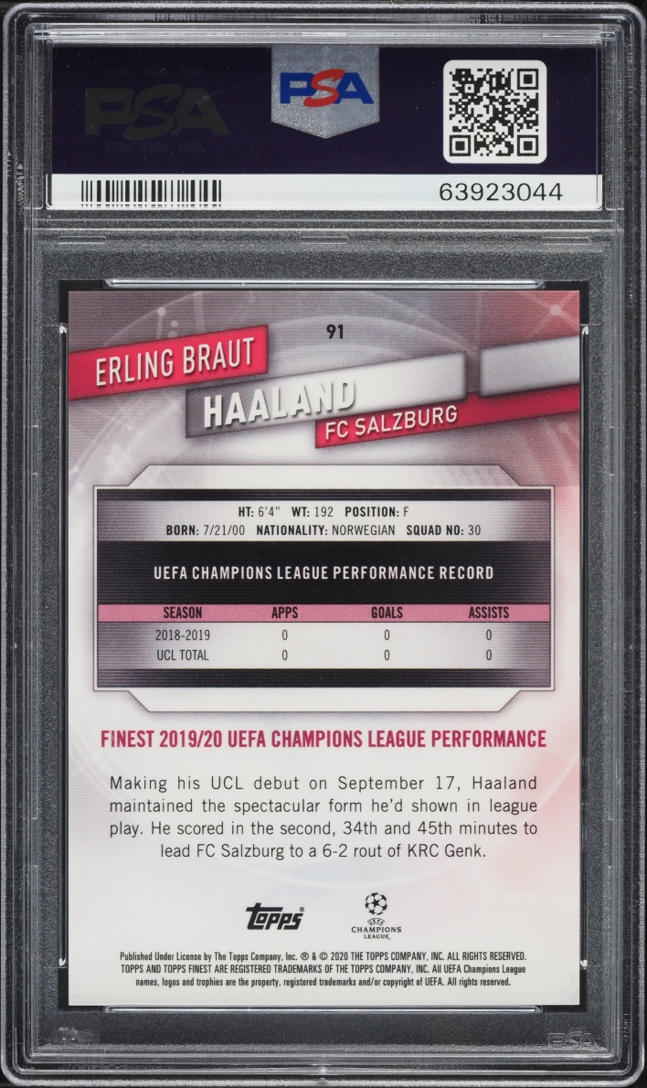 2019 Finest UEFA Purple Refractor Erling Haaland ROOKIE /250 #91 PSA 10 GEM MINT