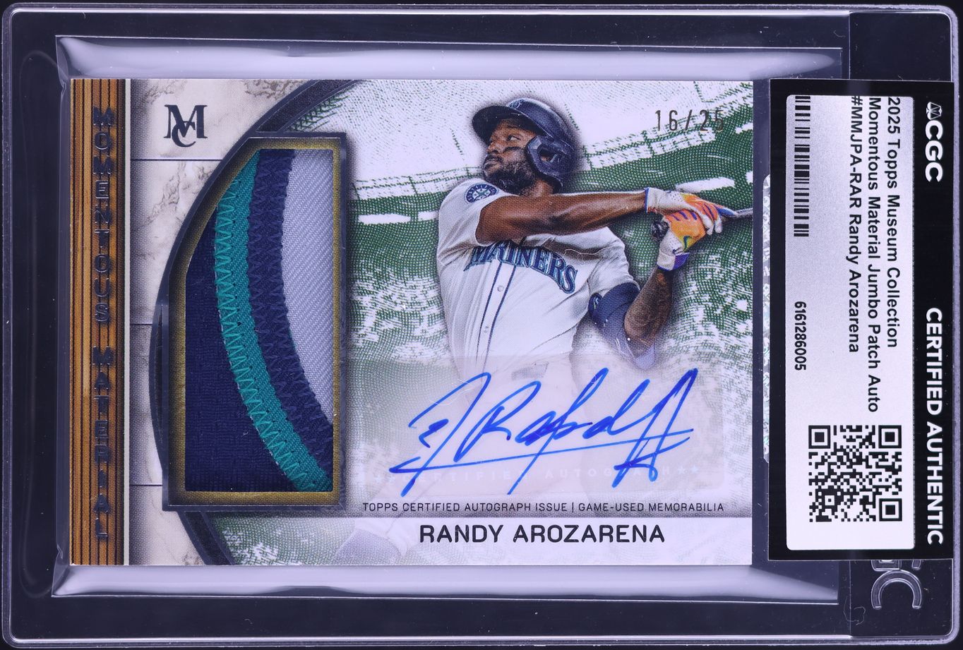 2025 Topps Museum Collection Momentous Jumbo Randy Arozarena PATCH AUTO /25 #MMJPA-RAR CGC AUTH