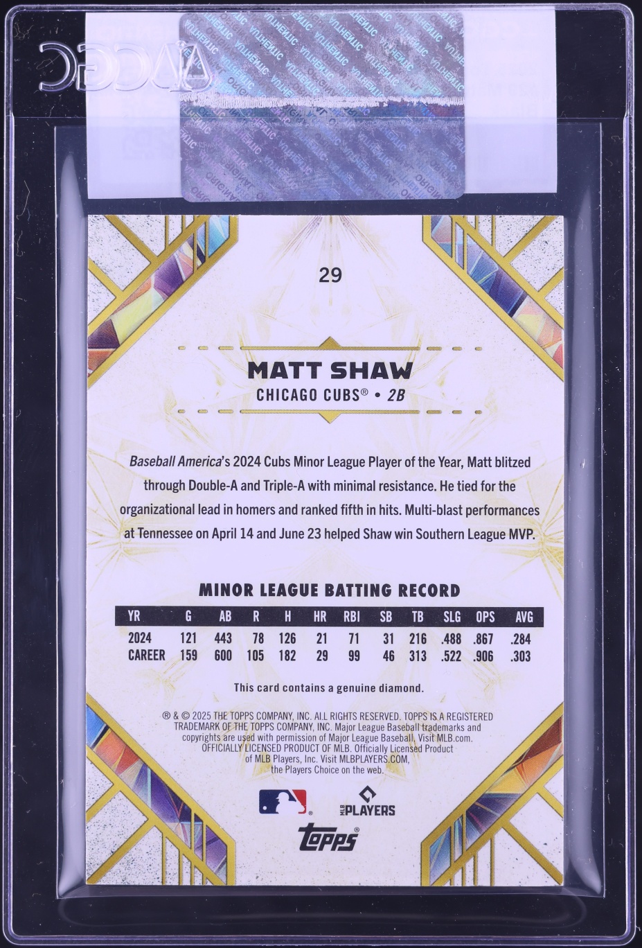 2025 Topps Diamond Icons Black Matt Shaw ROOKIE /10 #29 CGC AUTH
