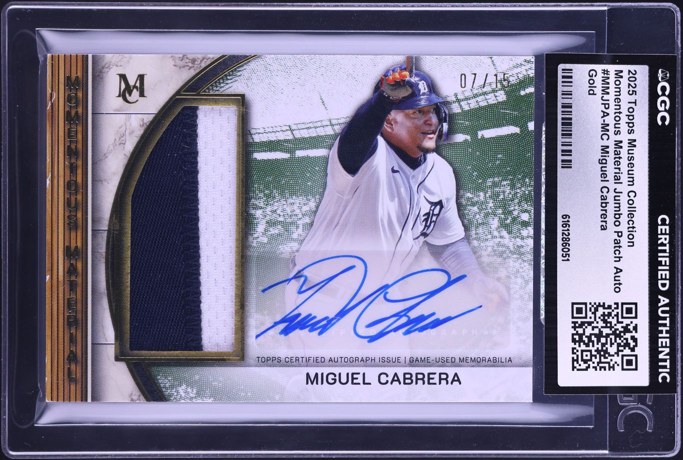 2025 Topps Museum Coll. Momentous Material Jumbo Gold Miguel Cabrera PATCH AUTO /15 CGC AUTH